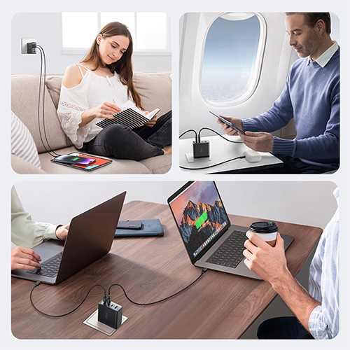 TCG04の3つの利用イメージ。1つ目は家でTCG04からタブレットやスマートフォンに充電している女性。2つ目は飛行機の中でTCG04でワイヤレスイヤホンとタブレットを充電しながらタブレットを見ている男性。3つ目は机に向かい合って座っている2人のオフィスワーカーのMacBook AirにTCG04からそれぞれ給電している様子。
